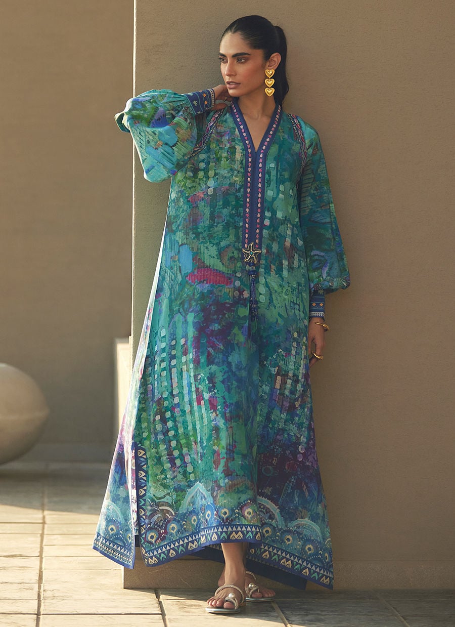 Tulum Blue Crepe Kaftan | Laani - The Kaftan Edit | FARAH TALIB AZIZ