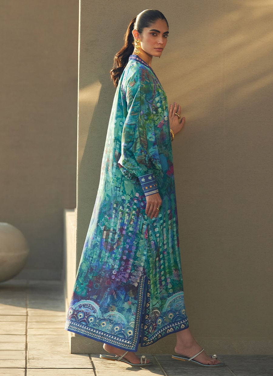 Tulum Blue Crepe Kaftan | Laani - The Kaftan Edit | FARAH TALIB AZIZ