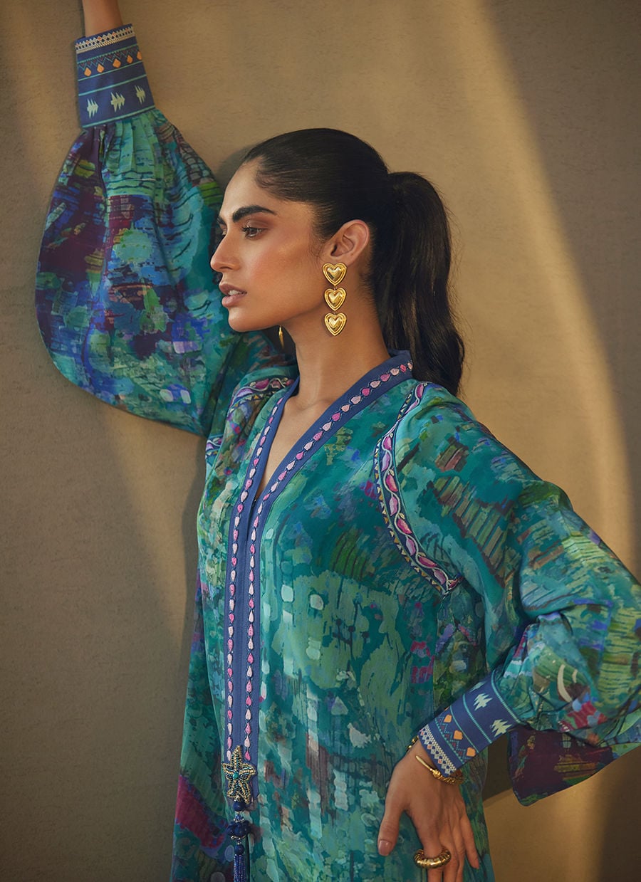 Tulum Blue Crepe Kaftan | Laani - The Kaftan Edit | FARAH TALIB AZIZ