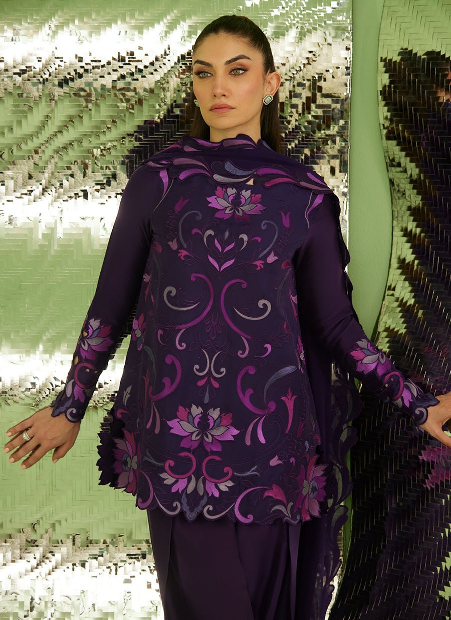 Noir Aubergine Shirt With Drape Dupatta And Pants | Veya- A Draped Capsule | FARAH TALIB AZIZ