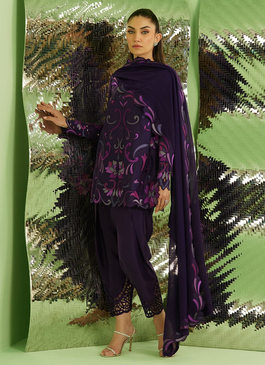 Noir Aubergine Shirt With Drape Dupatta And Pants | Veya- A Draped Capsule | FARAH TALIB AZIZ