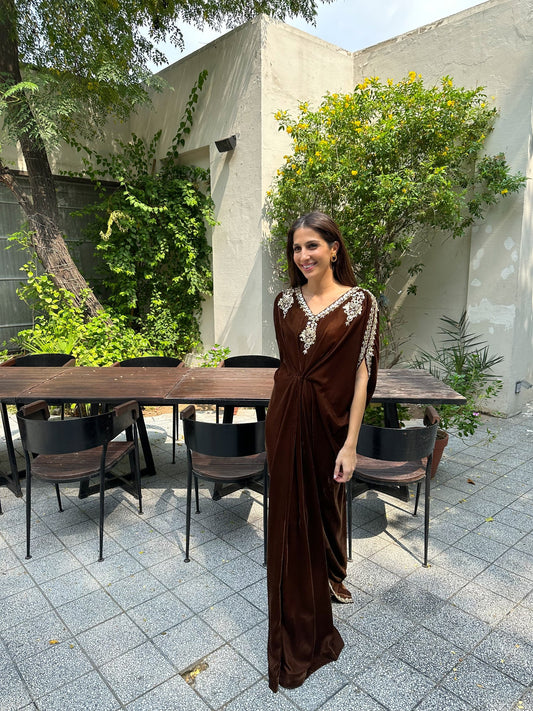 GOLDEN BROWN VELVET EMBELLISHED KAAFTAN | SAK ATELIER