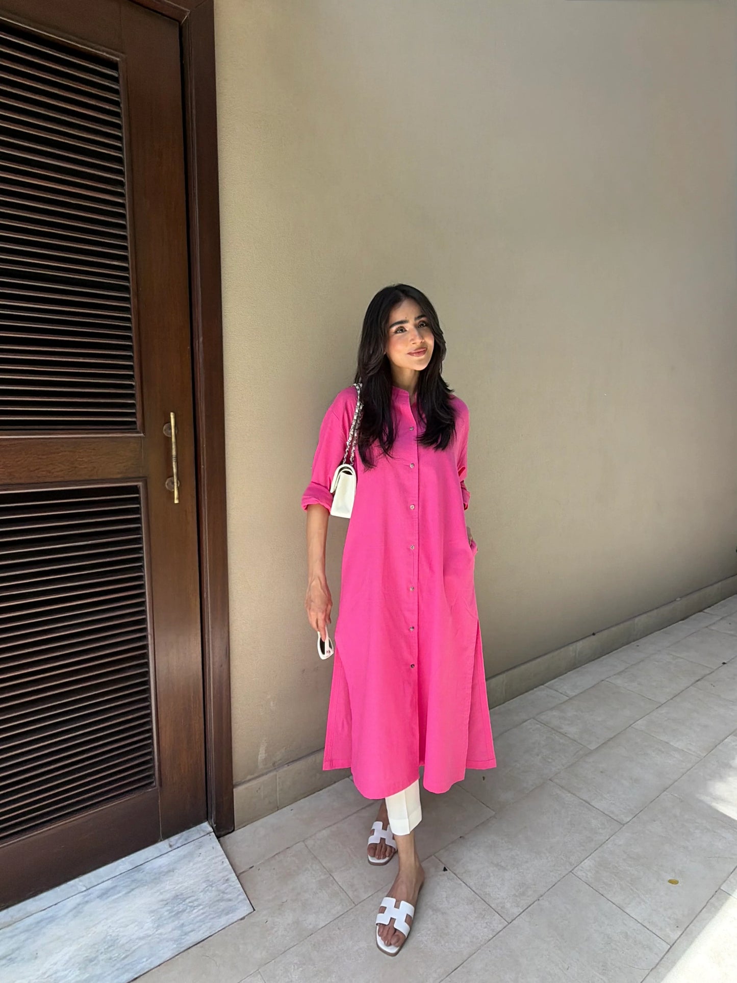 Oversized Linen Shirt Dress in Hot Pink | Sak Atelier