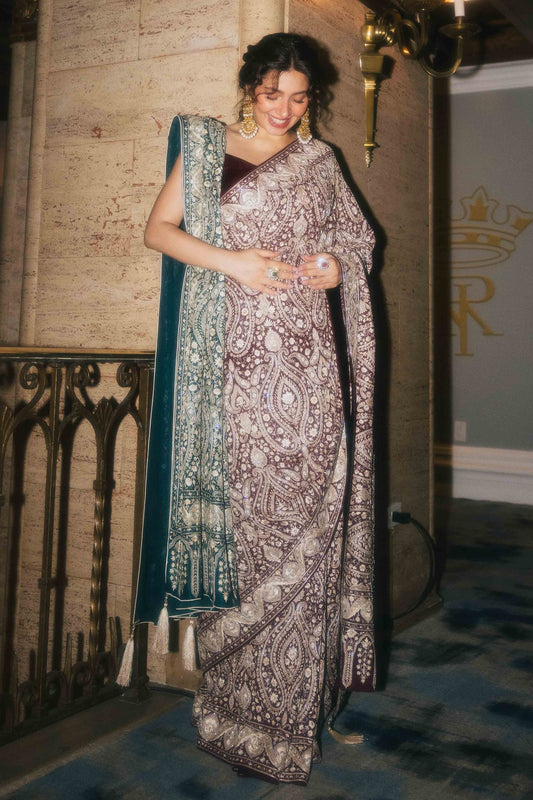 WINE & IVORY KASHIDAKARI SAREE | AAFRINISH BY NIAZI