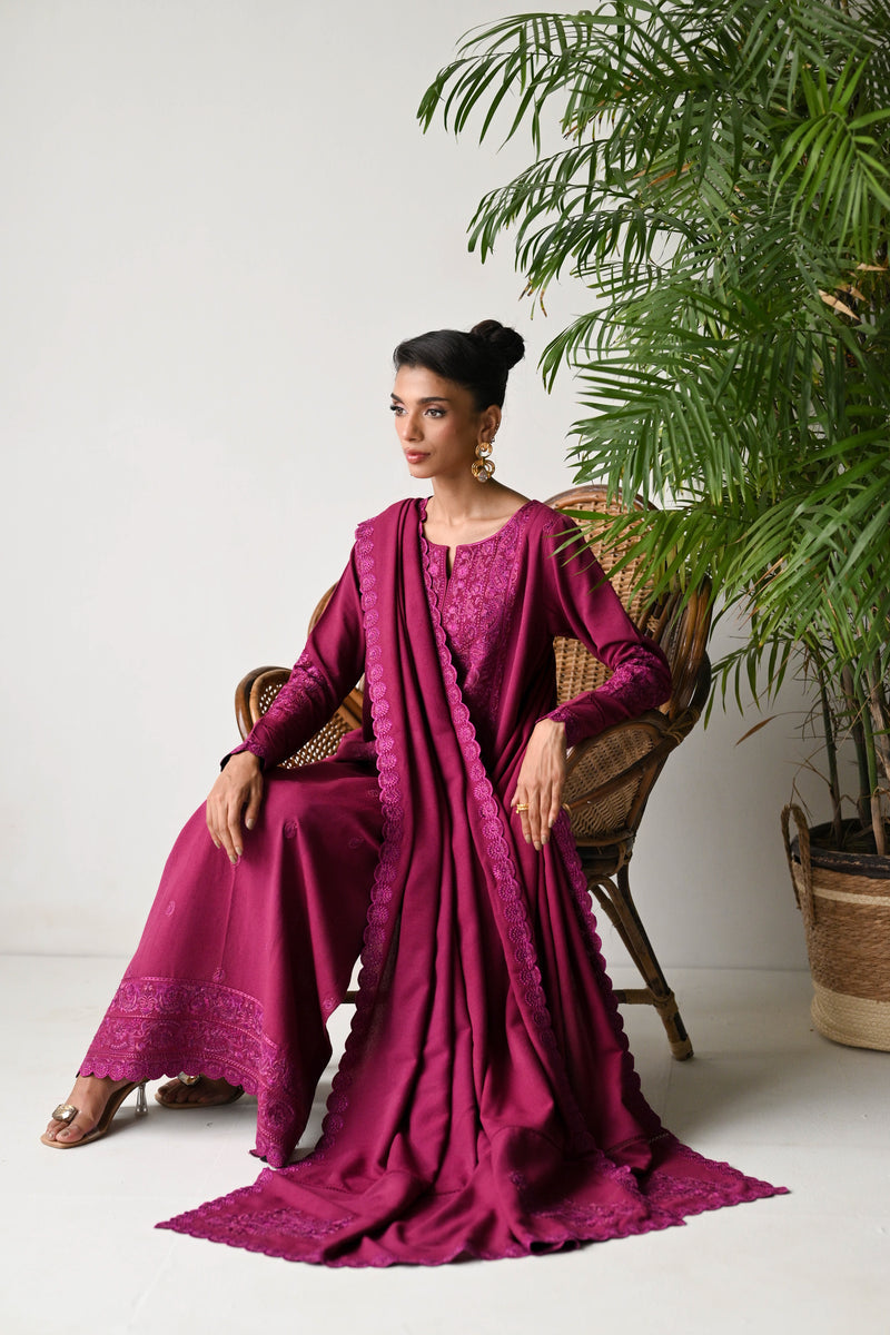 DEEP BERRY LUXURY EMBROIDERED KARANDI SET (NEL-24631) | ZAIB