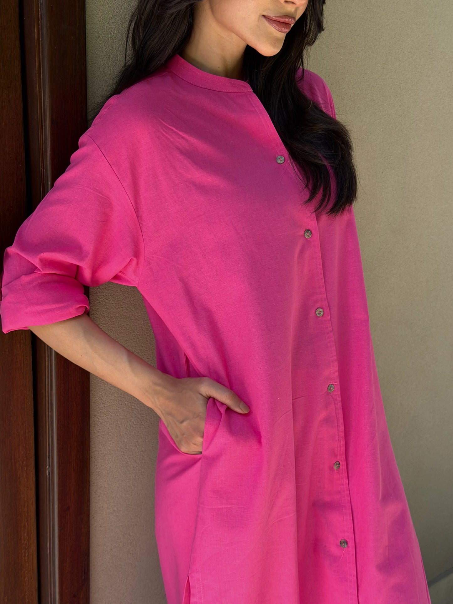 Oversized Linen Shirt Dress in Hot Pink | Sak Atelier