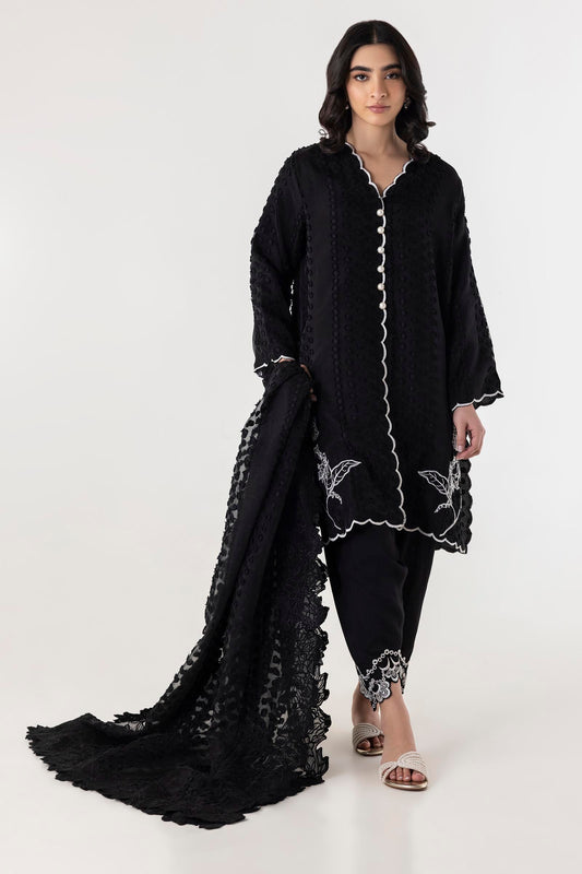 STITCHED BLACK EMBROIDERED SHIRT + SHALWAR + DUPATTA SS25SGE305P3 | Sana Safinaz