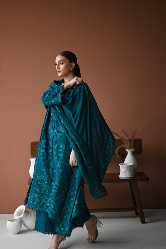 TEAL LUXURY EMBROIDERED KARANDI SET (NEL-24625)| ZAIB