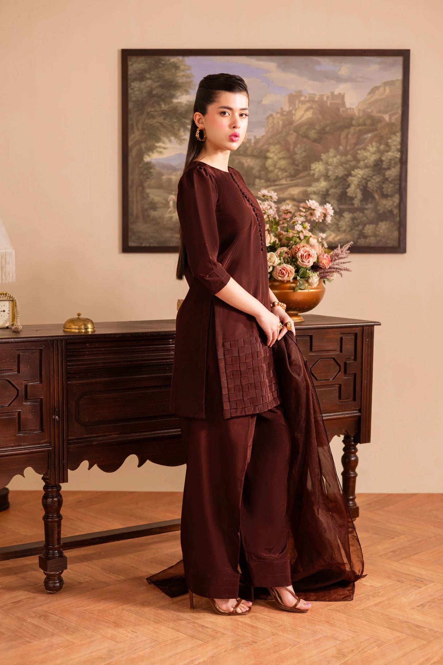 3PC Luxury Solid Silk Dress LSS - Chocolate Brown | Luxury Silk Solids | Silayi Pret