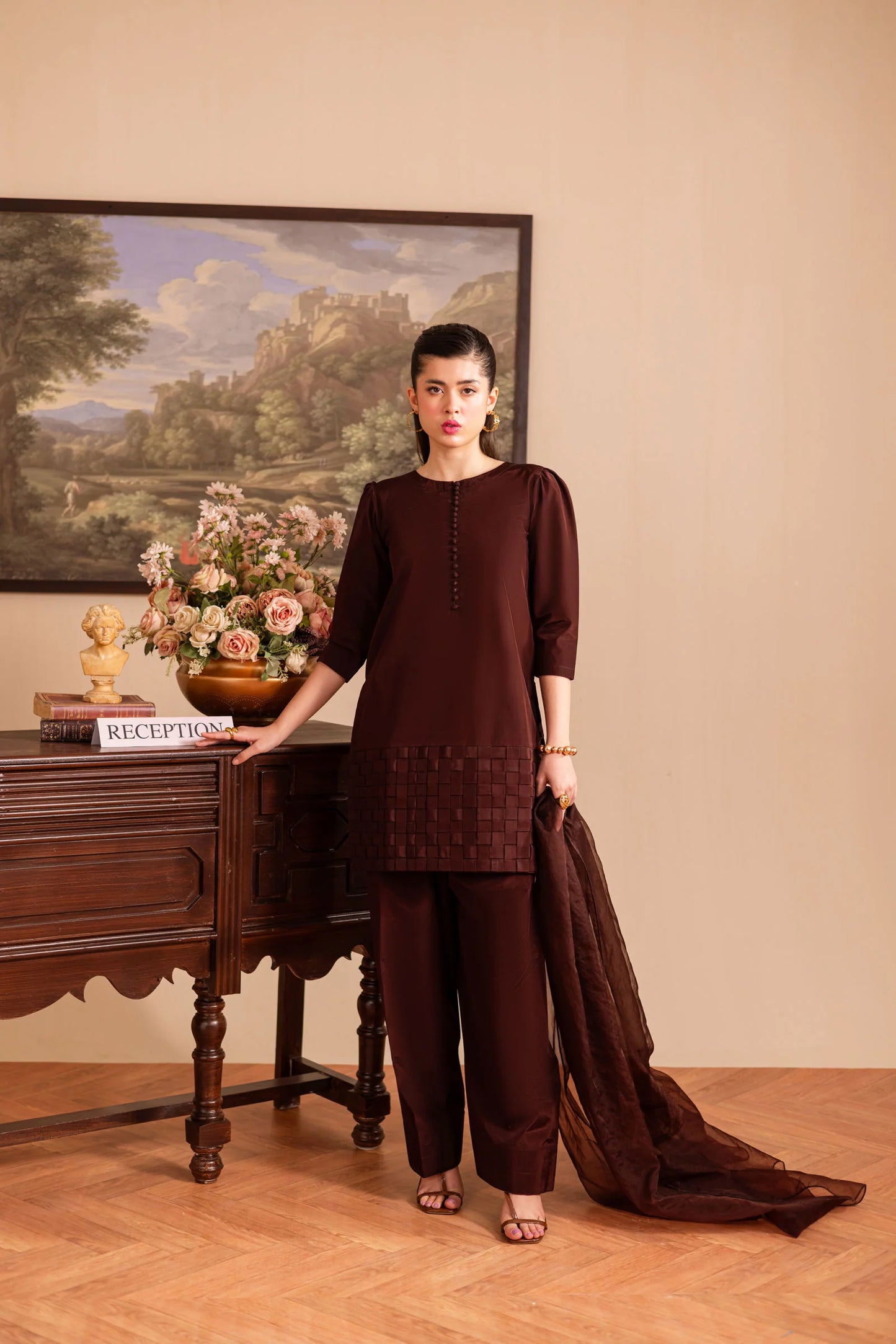3PC Luxury Solid Silk Dress LSS - Chocolate Brown | Luxury Silk Solids | Silayi Pret
