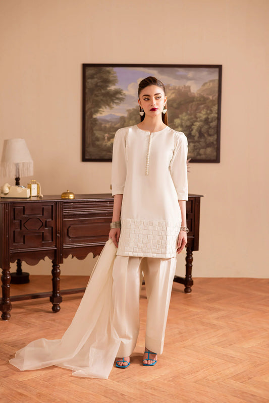 3PC Luxury Solid Silk Dress LSS - Cream | Luxury Silk Solids | Silayi Pret