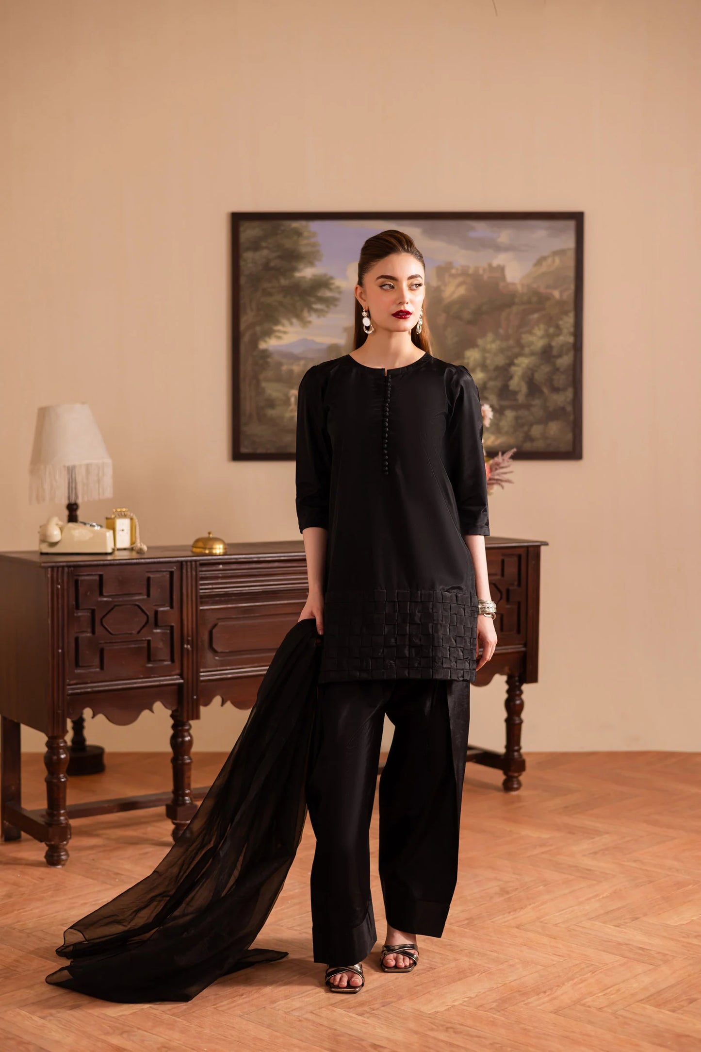 3PC Luxury Solid Silk Dress LSS - Black | Luxury Silk Solids | Silayi Pret