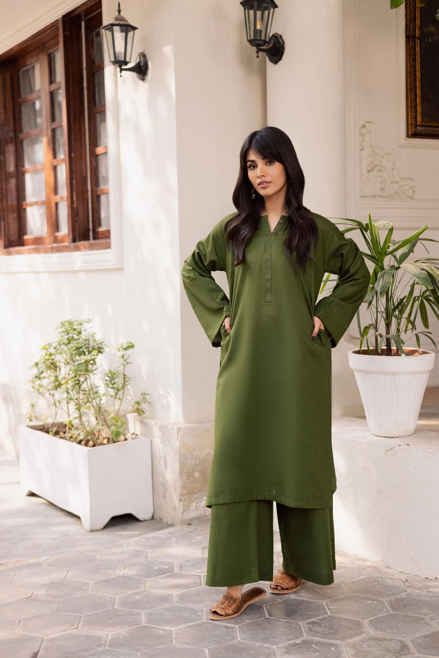 2 PC Khaddar Solid PSK 01 - Olive Green | Winter Solids | Silayi Pret