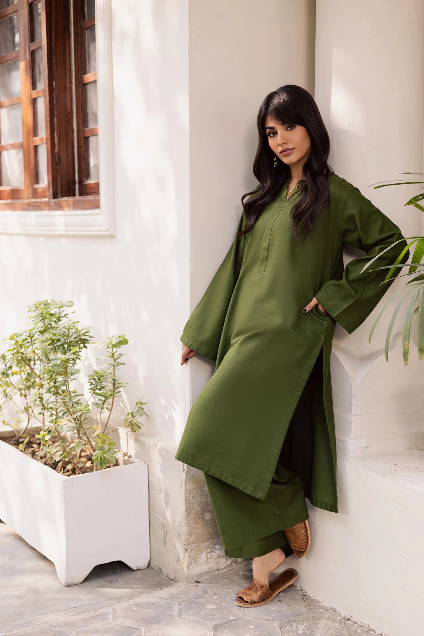 2 PC Khaddar Solid PSK 01 - Olive Green | Winter Solids | Silayi Pret