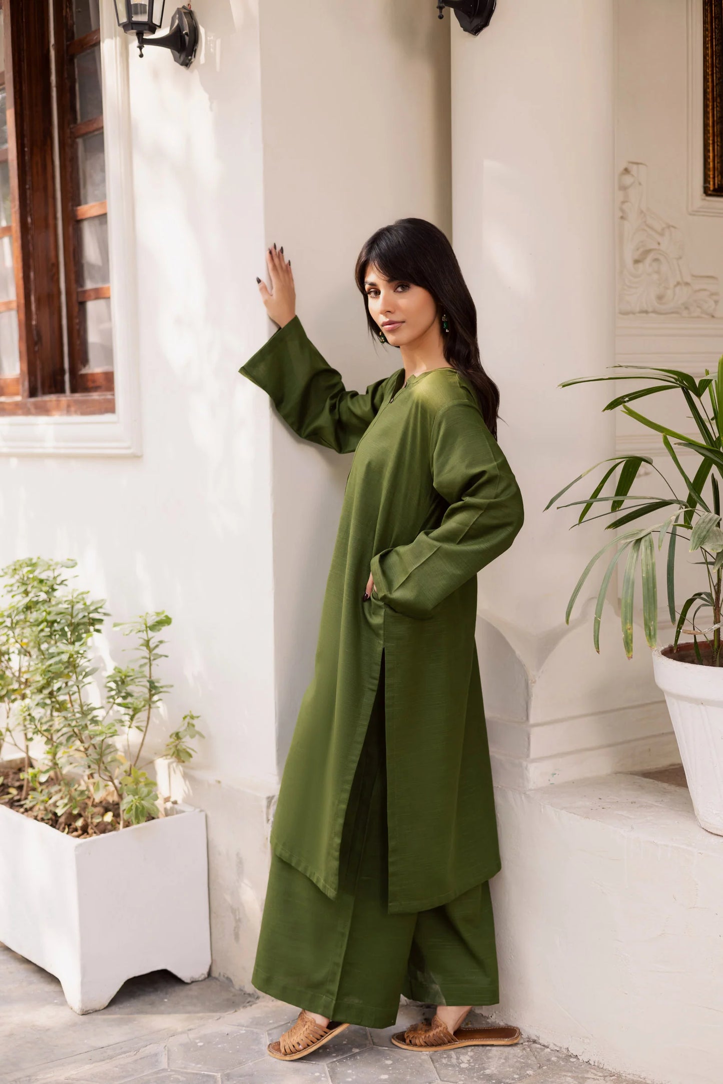 2 PC Khaddar Solid PSK 01 - Olive Green | Winter Solids | Silayi Pret