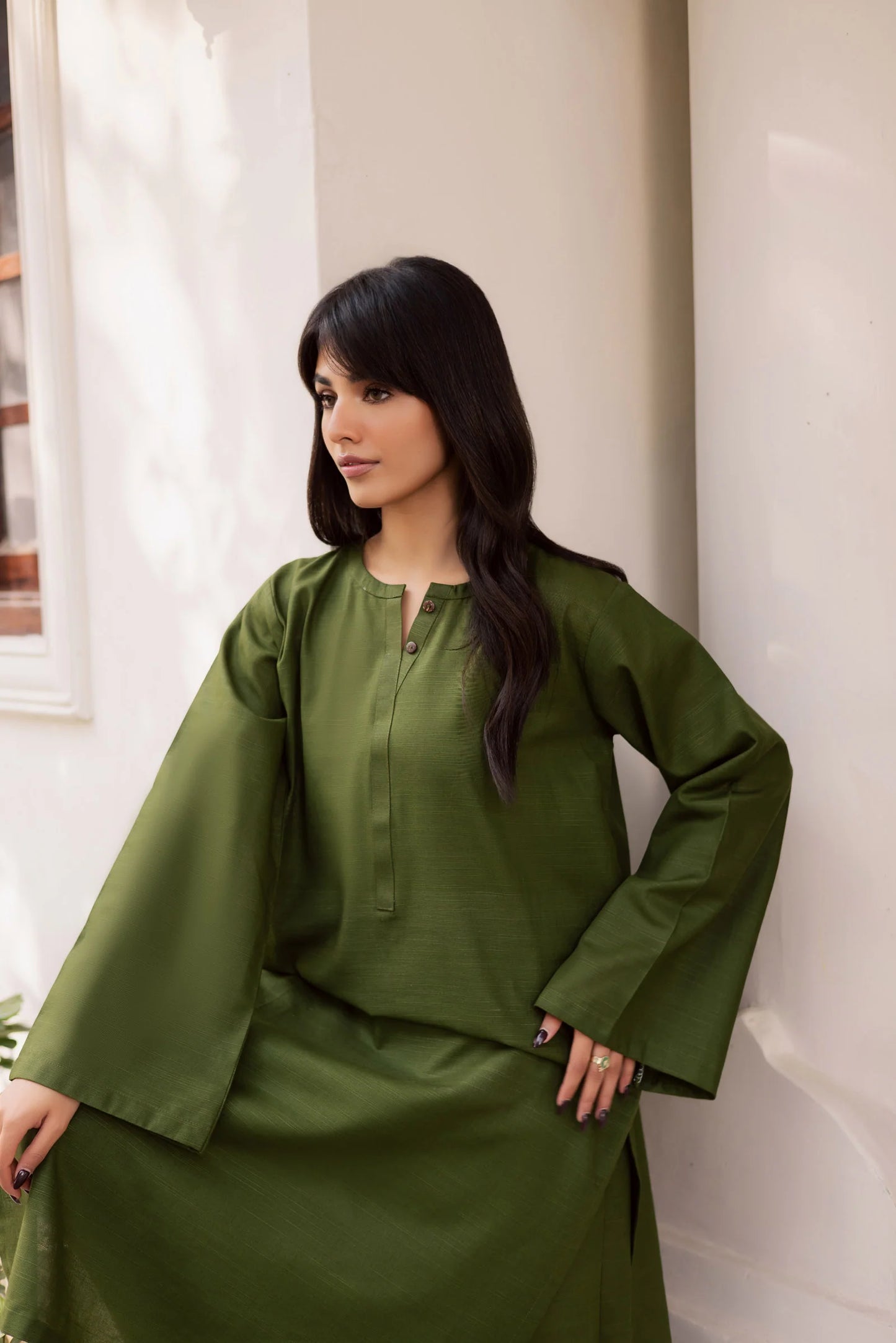 2 PC Khaddar Solid PSK 01 - Olive Green | Winter Solids | Silayi Pret