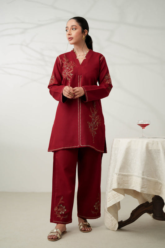 DEEP RED LUXURY EMBROIDERED FALL SET (NPA2-24315) | ZAIB