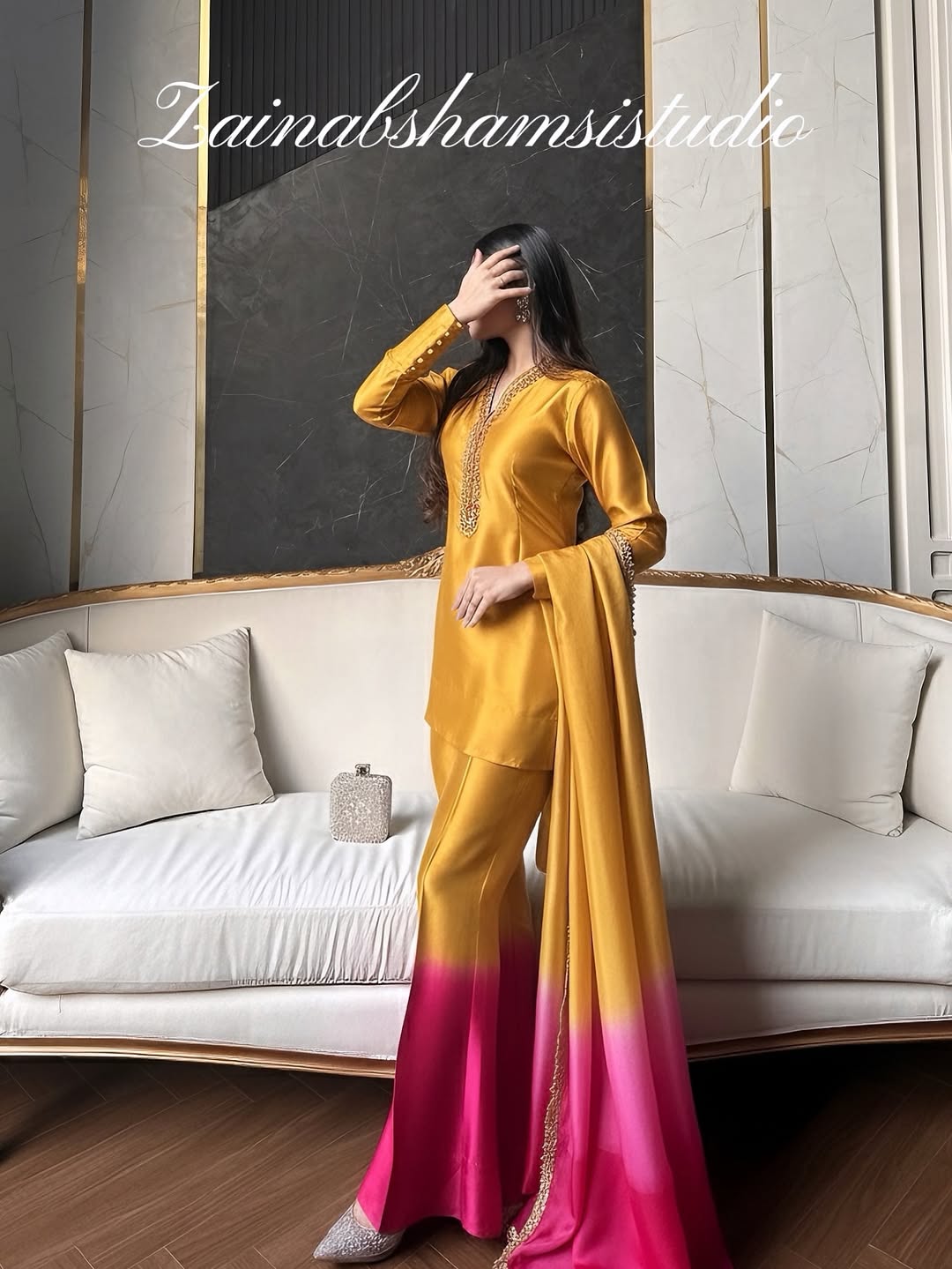 The Elysia Set in Mustard and Pink | Zainab Shamsi Studio