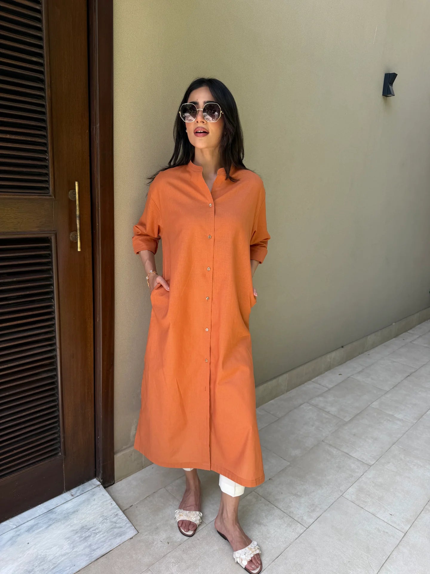 Oversized Linen Shirt Dress in Tangerine | Sak Atelier