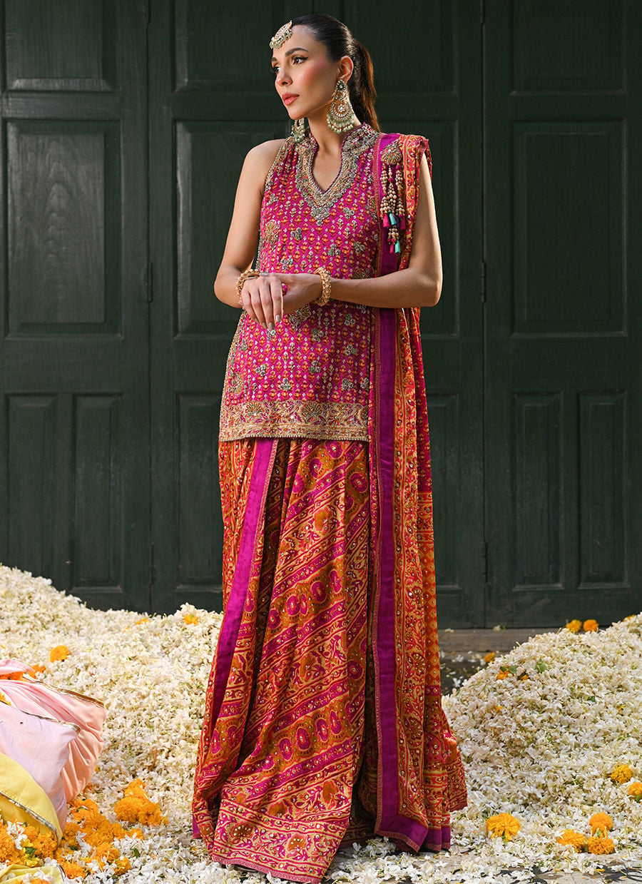 Ayala Magenta Pink Block Printed Shirt Dupatta And Lengha | FARAH TALIB AZIZ
