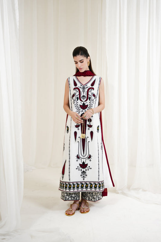 WHITE-MAROON LUXURY EMBROIDERED 3PCS SET NPA3-25426 (EID 2025 READY TO WEAR)  | Zaib ( RTS)