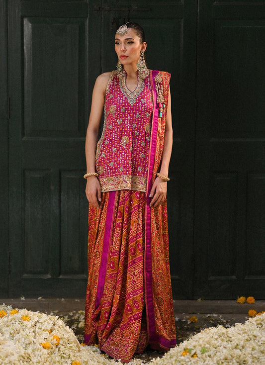 Ayala Magenta Pink Block Printed Shirt Dupatta And Lengha | FARAH TALIB AZIZ