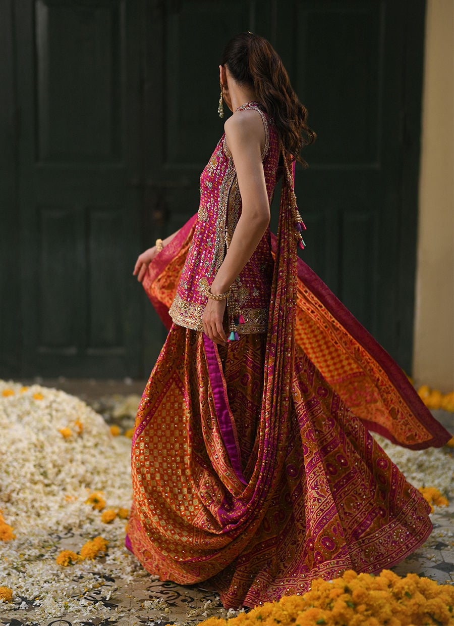Ayala Magenta Pink Block Printed Shirt Dupatta And Lengha | FARAH TALIB AZIZ
