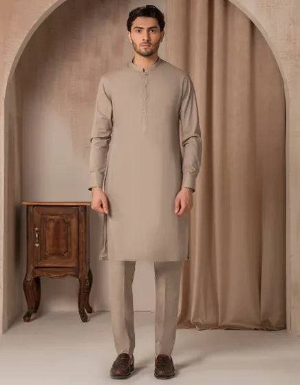LIGHT BROWN COTTON CASUAL KURTA TROUSER | JUNAID JAMSHED MENSWEAR