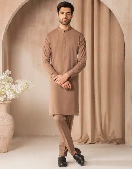 LIGHT BROWN CVC CASUAL KURTA TROUSER | JUNAID JAMSHED MENSWEAR