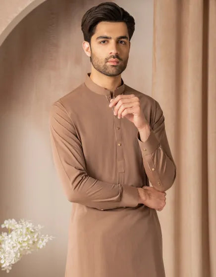 LIGHT BROWN CVC CASUAL KAMEEZ SHALWAR | JUNAID JAMSHED MENSWEAR