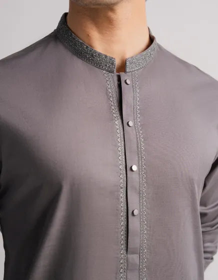 GREY COTTON SEMI-FORMAL KURTA | FESTIVE '26 | JUNAID JAMSHED MENSWEAR