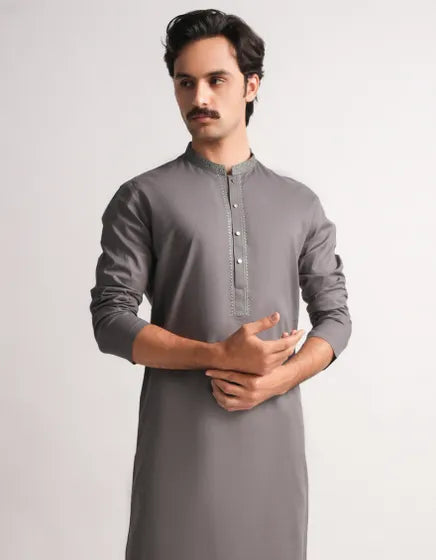 GREY COTTON SEMI-FORMAL KURTA | FESTIVE '26 | JUNAID JAMSHED MENSWEAR