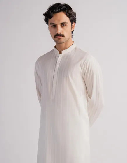 OFF WHITE COTTON SEMI-FORMAL KURTA | FESTIVE '26 | JUNAID JAMSHED MENSWEAR