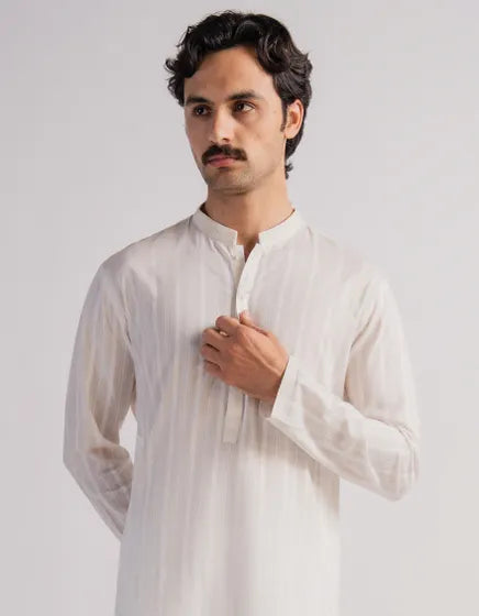 OFF WHITE COTTON SEMI-FORMAL KURTA | FESTIVE '26 | JUNAID JAMSHED MENSWEAR