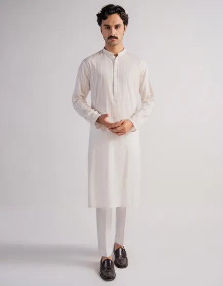 OFF WHITE COTTON SEMI-FORMAL KURTA | FESTIVE '26 | JUNAID JAMSHED MENSWEAR