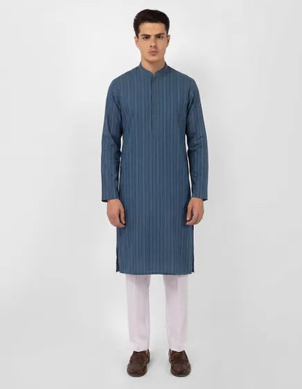 BLUE COTTON SEMI-FORMAL KURTA | FESTIVE '26 | JUNAID JAMSHED MENSWEAR