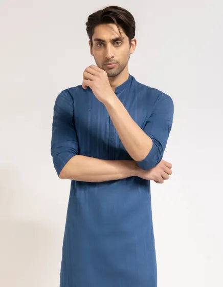 BLUE COTTON SEMI-FORMAL KURTA TROUSERS | FESTIVE '26 | JUNAID JAMSHED MENSWEAR