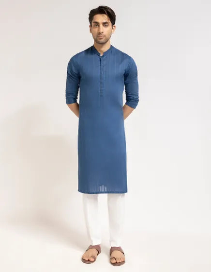 BLUE COTTON SEMI-FORMAL KURTA TROUSERS | FESTIVE '26 | JUNAID JAMSHED MENSWEAR
