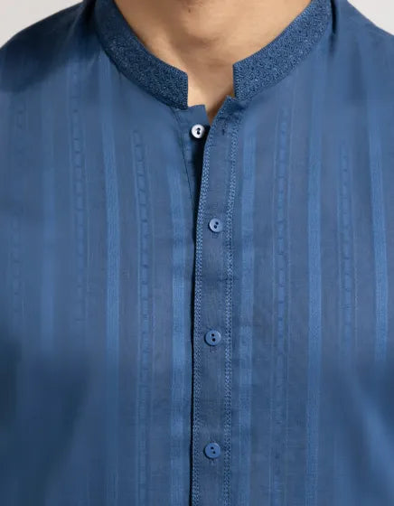 BLUE COTTON SEMI-FORMAL KURTA TROUSERS | FESTIVE '26 | JUNAID JAMSHED MENSWEAR