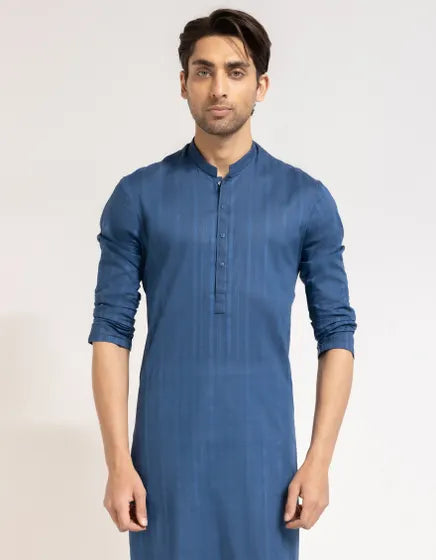 BLUE COTTON SEMI-FORMAL KURTA TROUSERS | FESTIVE '26 | JUNAID JAMSHED MENSWEAR
