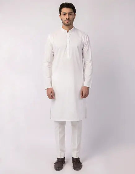 WHITE COTTON SEMI-FORMAL KURTA | FESTIVE '26 | JUNAID JAMSHED MENSWEAR
