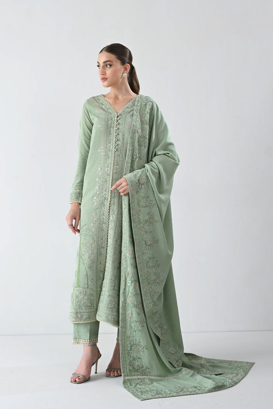 GLACIAL PASTEL GREEN LUXURY EMBROIDERED KARANDI SET (NEL-24627)| ZAIB