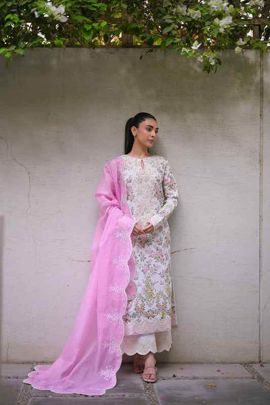 IVORY GARDEN LUXURY PRINTED EMBROIDERED LAWN SET (NEL-25621) | ZAIB