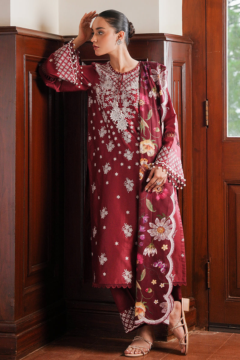 DEEP BERRY-3PC SATIN EMBROIDERED SUIT| Cross Stitch