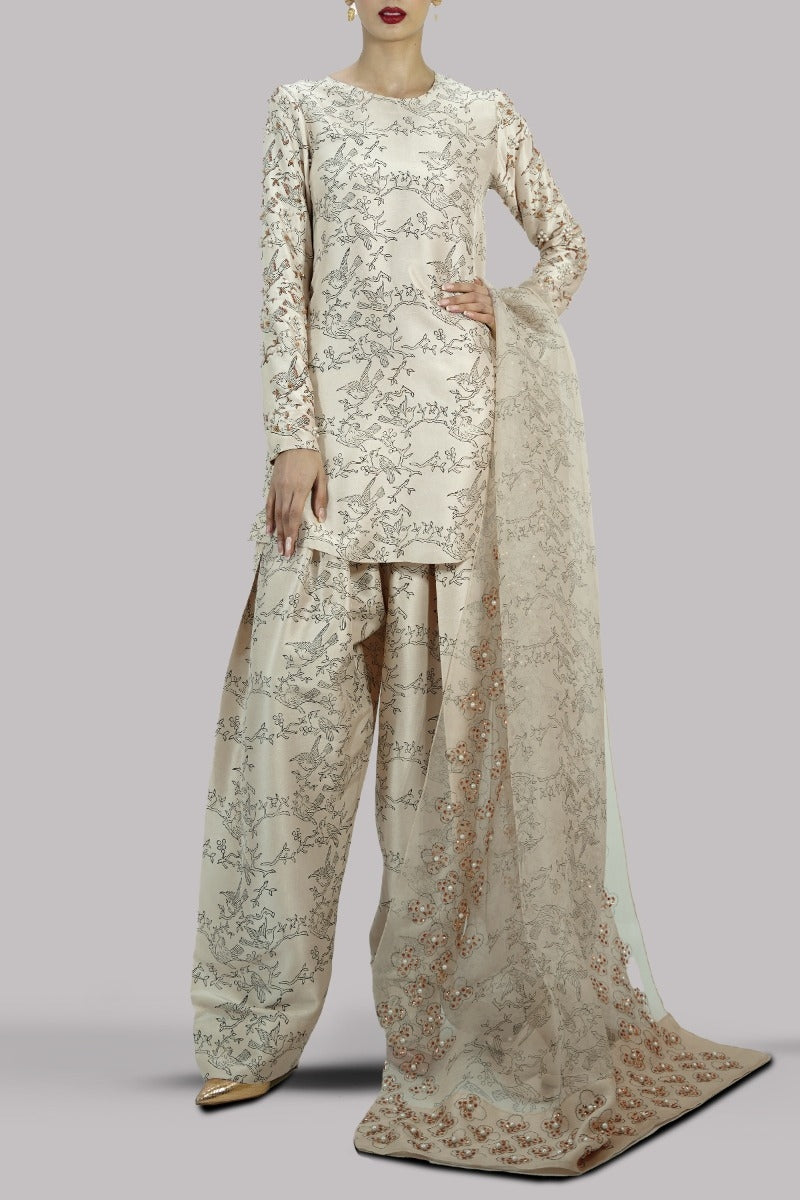 Lamb’s Wool Block Printed & Embellished Raw Silk Set | Muse Luxe