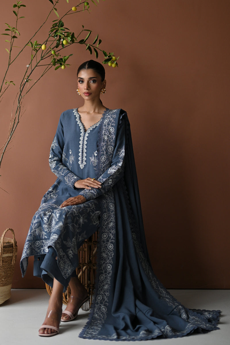 BLUE SLATE GREY LUXURY EMBROIDERED KARANDI SET (NEL-24630)| ZAIB