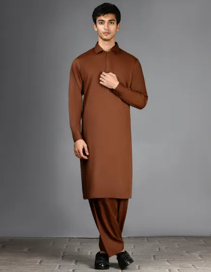 BROWN PLAIN KAMEEZ SHALWAR | FESTIVE '26 | JUNAID JAMSHED MENSWEAR