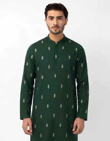 GREEN COTTON SEMI-FORMAL KURTA | FESTIVE '26 | JUNAID JAMSHED MENSWEAR