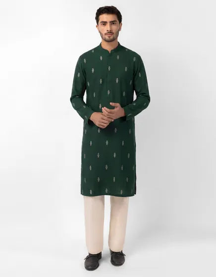 GREEN COTTON SEMI-FORMAL KURTA | FESTIVE '26 | JUNAID JAMSHED MENSWEAR