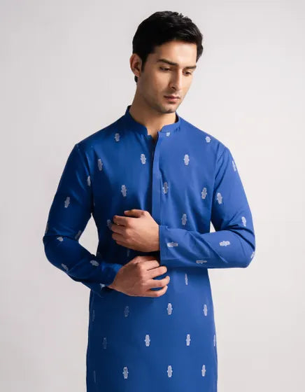BLUE COTTON SEMI-FORMAL KURTA | FESTIVE '26 | JUNAID JAMSHED MENSWEAR